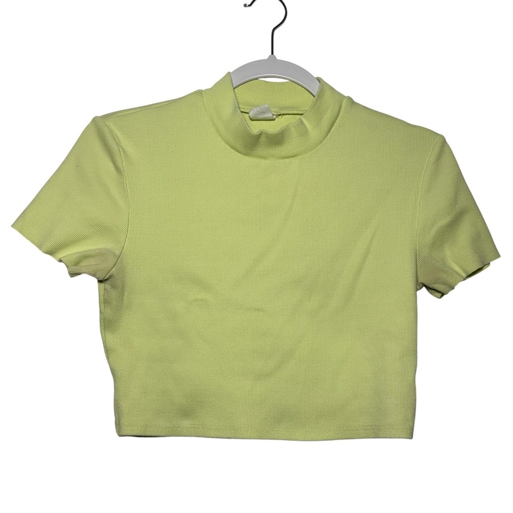 FLAW ME TO WE Ribbed Mock Neck Crop Top Lime Green Short Sleeve‎ Women's Medium